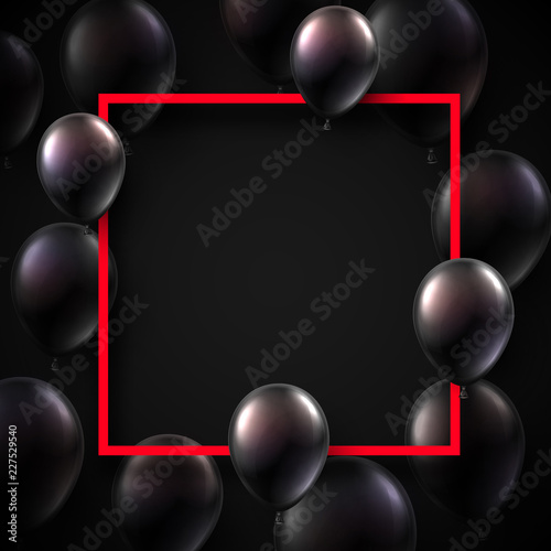 Festive background with red square frame and shiny balloons.