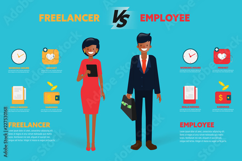 Freelancer vs Employee businessman character infographic to compare different.