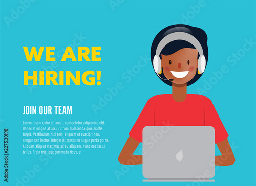 We are hiring concept banner. Businesswoman character with a laptop to call center.