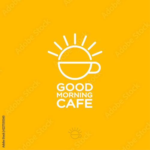 Good morning cafe logo. Cup and sun on a yellow background. Flat design. Hipster emblem. Coffee and tea in the morning. Fast food. Cafeteria icon.