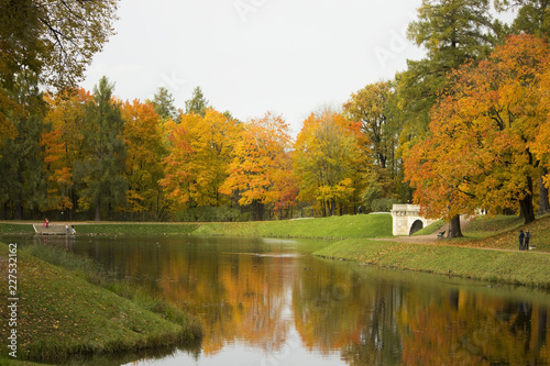 Autumn Gatchina Park with yellow foliage on trees and Karpin Pond, in which they are reflected.