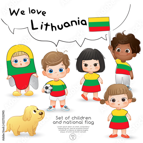 Lithuania   Boys and girls holding flag and wearing shirts with national flag print   Vector Illustration