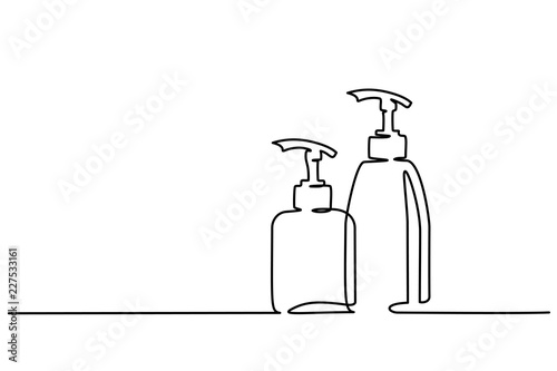 Continuous one line drawing. Cosmetic shampoo bottles. Vector illustration