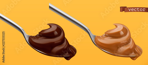 Spoon with chocolate and caramel. 3d vector realistic icon