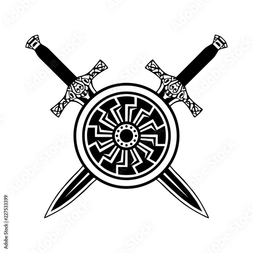 Sword shield tattoo, viking set. Celtic knightly emblem logo