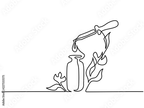 Continuous one line drawing. Cosmetic vial with pipette and flowers. Vector illustration