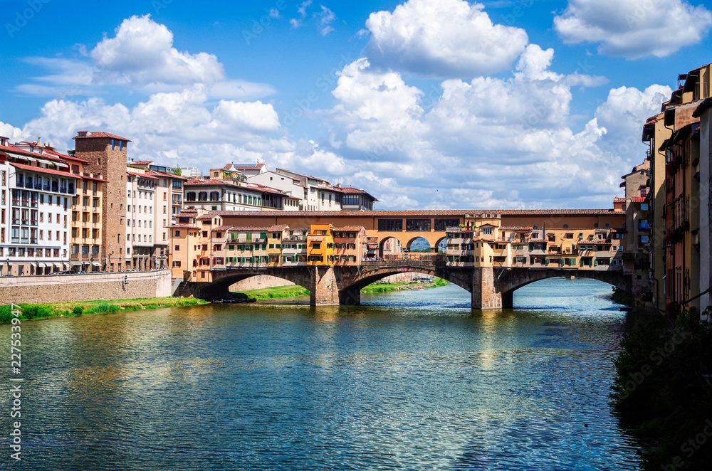 Florence or Firenze, a view of the Arno River and the Ponte Vecchio Bridge