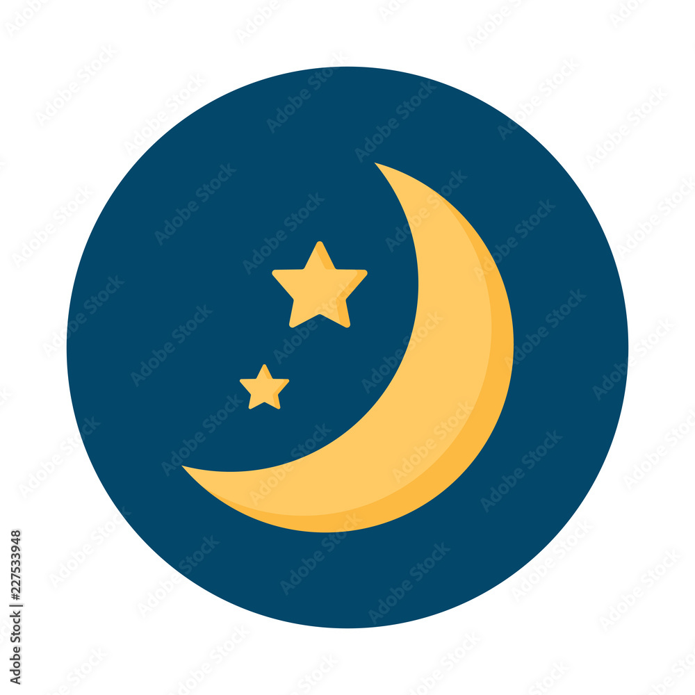 Moon and stars at night flat icon isolated on blue background. Moon and stars sign symbol in flat style. Weather forecast element Vector illustration for web and mobile design. Moon and stars at night flat icon isolated on blue background. Moon and stars sign symbol in flat style. Weather forecast element Vector illustration for web and mobile design.