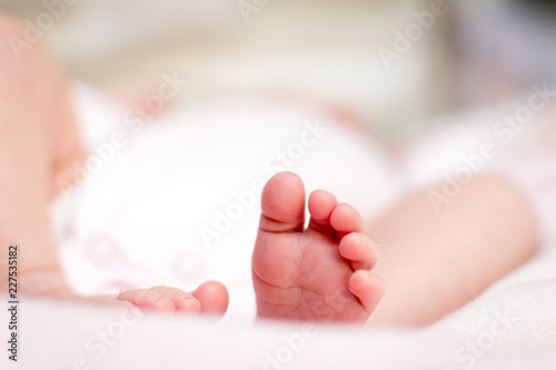 feet and fingers of a newborn baby, with white background out of focus.