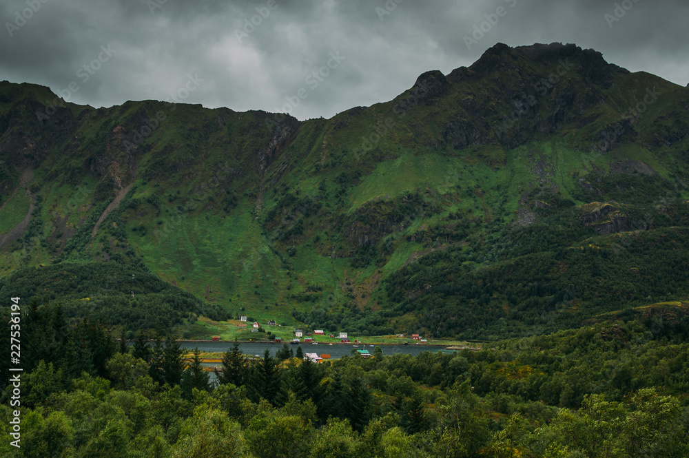 Fototapeta premium Beautiful view to the settlement and mountains on Lofoten Islands