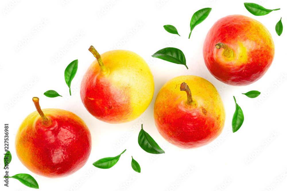 four ripe red yellow pear fruits isolated on white background. Top view. Flat lay pattern four ripe red yellow pear fruits isolated on white background. Top view. Flat lay pattern