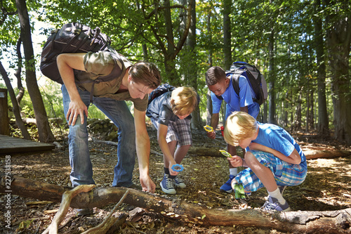 Foto Teacher with children looking through magnifying glass on field in forest