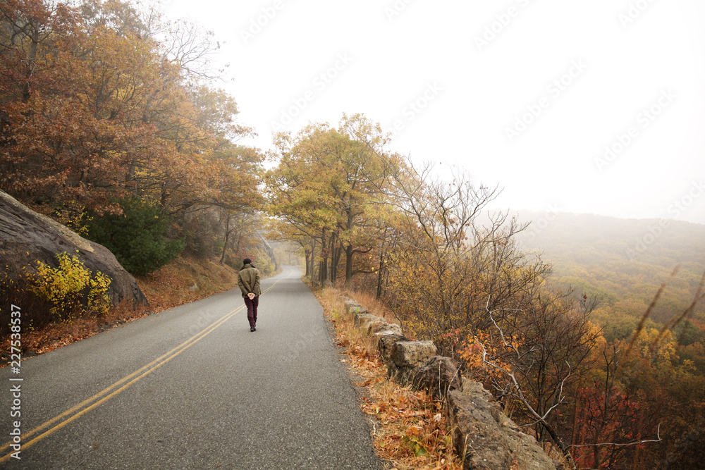 Obraz premium Rear view of man walking on road