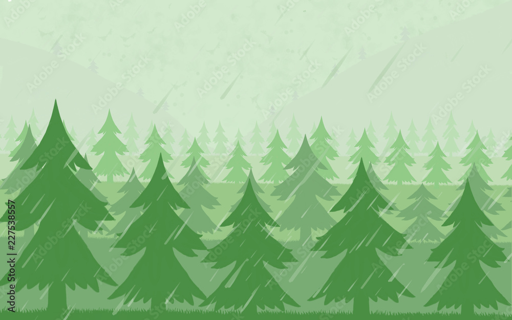  This illustration shows a fir forest with fog and rain.