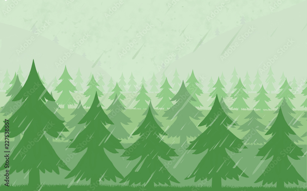 Obraz premium This illustration shows a fir forest with fog and rain.