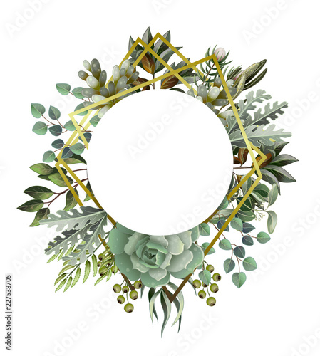 Circle frame with leaves, succulent and golden elements in watercolor style. Eucalyptus, magnolia, fern and other  vector illustration.