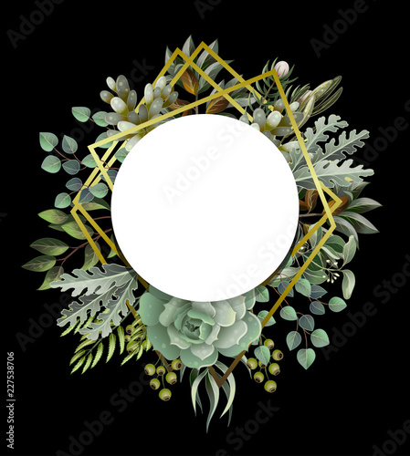 Circle frame with leaves, succulent and golden elements in watercolor style. Eucalyptus, magnolia, fern and other  vector illustration.