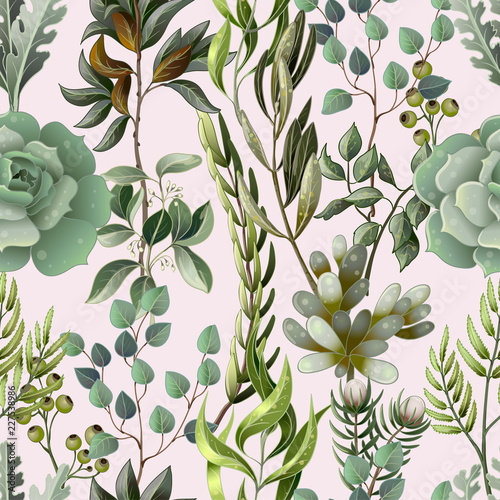 Seamless pattern with eucalyptus, magnolia, fern leaves and succulents. Trendy rustic herb vector background.