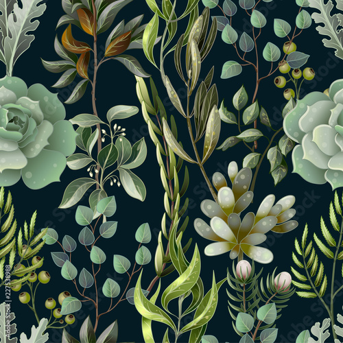 Seamless pattern with eucalyptus, magnolia, fern leaves and succulents. Trendy rustic herb vector background.