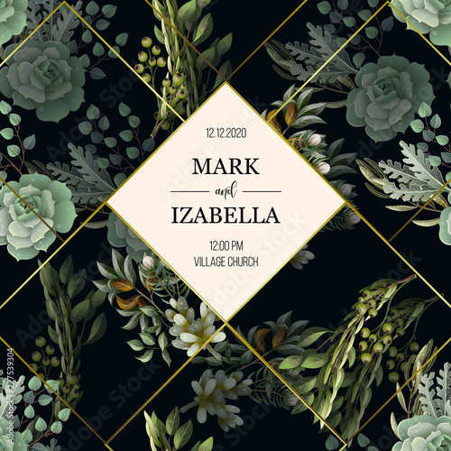Wedding invitation with leaves, succulent and golden elements in watercolor style. Eucalyptus, magnolia, fern and other  vector illustration.