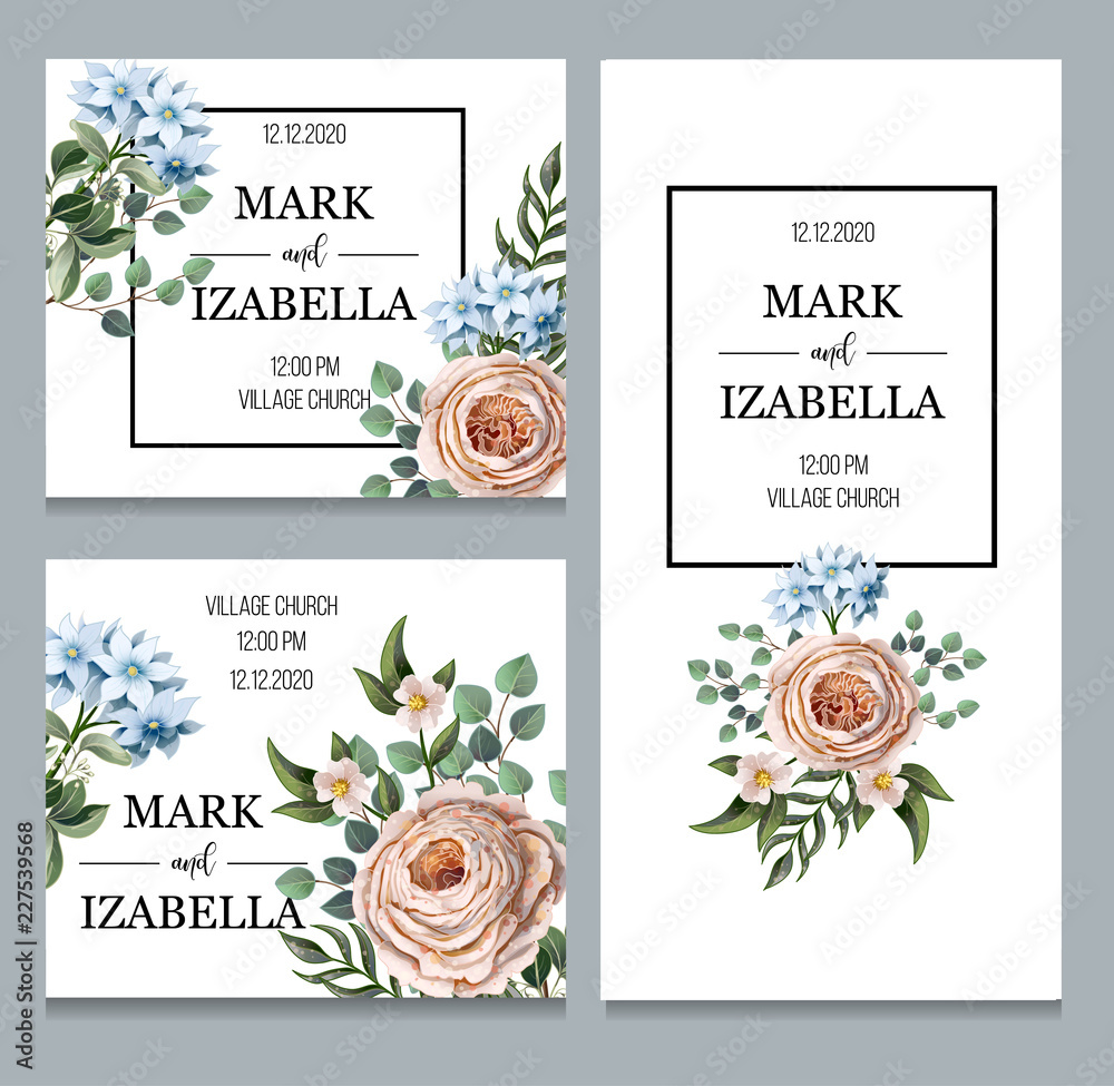 Delicate wedding invitation with English roses, eucalyptus, flowers and frames in watercolor style. Vector.