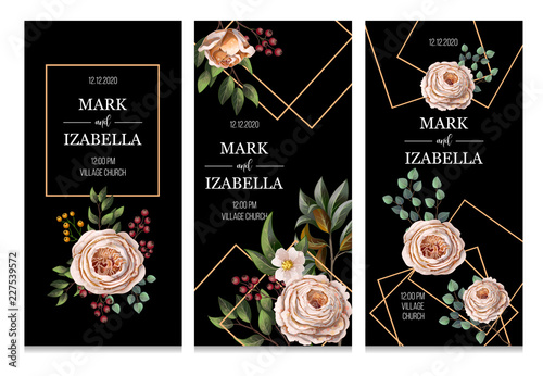Wedding invitation with English roses, eucalyptus, flowers and golden elements in watercolor style. Vector.