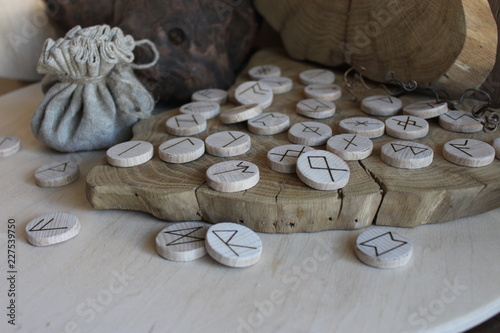 Fotografie Anglo-saxon wooden handmade runes Futhorc