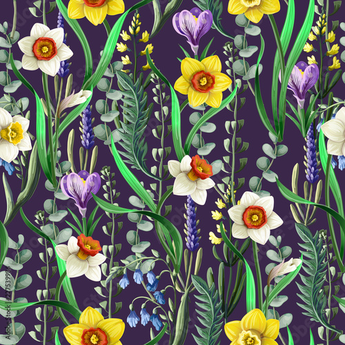 Seamless pattern with daffodils and wild flowers. Vector.