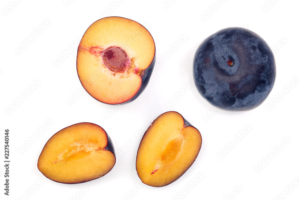 plums isolated on a white background. Top view. Flat lay pattern