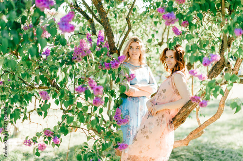 Adorable happy cheerful fabulous twin sisters in different beautiful summer dresses posing outdoor.  Similar cute female models in lilac colorful bushes with bloming flowers in park portrait.  Family.