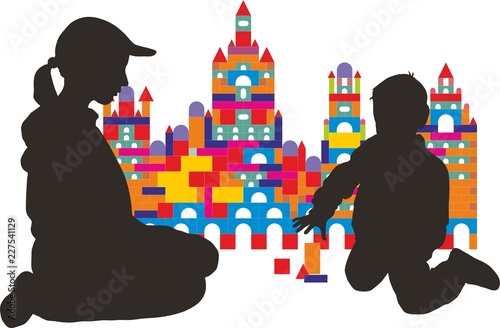 Castle made of children's wooden cubes and builder