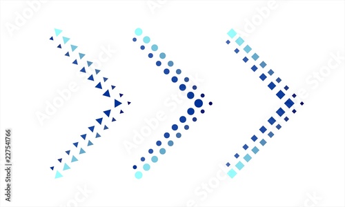 Three arrows made up of circles, squares or triangles with a blue shade effect. Mark the right or next.  Vector graphic illustration.