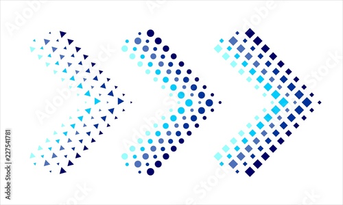 Three arrows made up of circles, squares or triangles with a blue shade effect. Mark the right or next.  Vector graphic illustration.