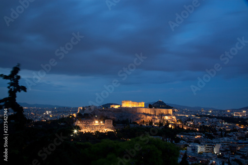 athens seen from Philopapou hill with views to Herodium , Acropolis and the Parthenon at blue hour, Attica, Greece