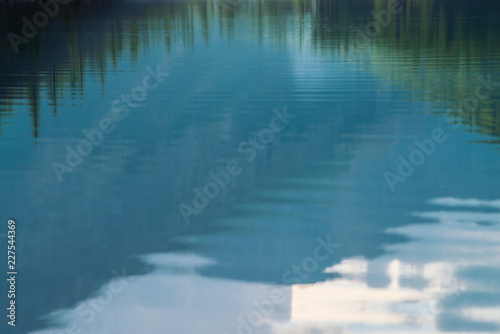 Shiny texture of surface of mountain lake. Background with reflection of green mountains with tops of conifer trees in clear water in sunny day under blue sky. Coniferous forest reflected in water.