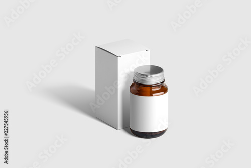 Supplement Amber  Bottle & Box Mockup on light grey background. Mockup template ready for your design. 