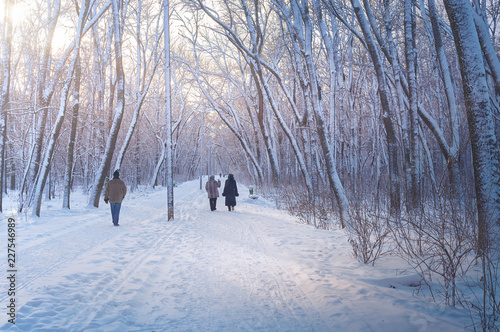 People walking in the snowy city park