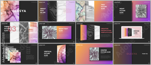 Minimal presentations design, portfolio vector templates with elements on black background. Multipurpose template for presentation slide, flyer leaflet, brochure cover, report, marketing, advertising.