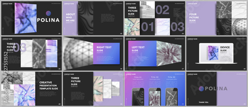 Minimal presentations design, portfolio vector templates with elements on black background. Multipurpose template for presentation slide, flyer leaflet, brochure cover, report, marketing, advertising.