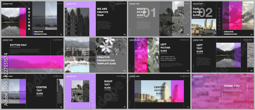 Travel concept presentations design, portfolio vector templates with graphic elements on black. Multipurpose template for presentation slide, flyer leaflet, brochure cover, report, advertising.