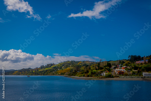 Beautiful outdoor landscape of some house buildings located at palafitos in Castro, Chiloe Island, Patagonia