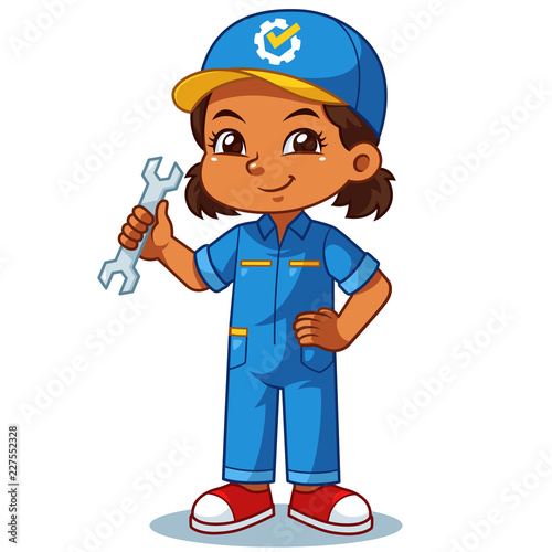 Mechanic Girl Holding Wrench Ready To Fixing