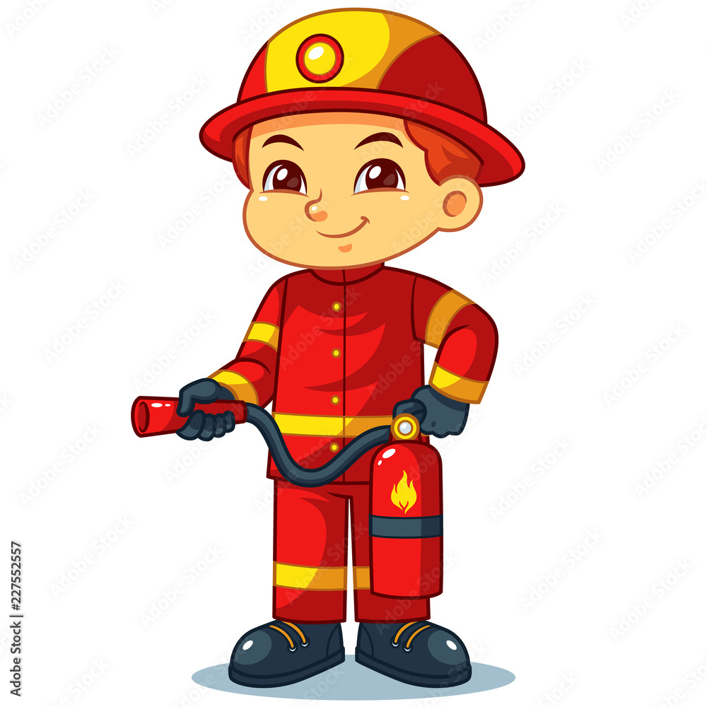 Fire Fighter Boy Ready To Spray With Fire Extinguisher Fire Fighter Boy Ready To Spray With Fire Extinguisher