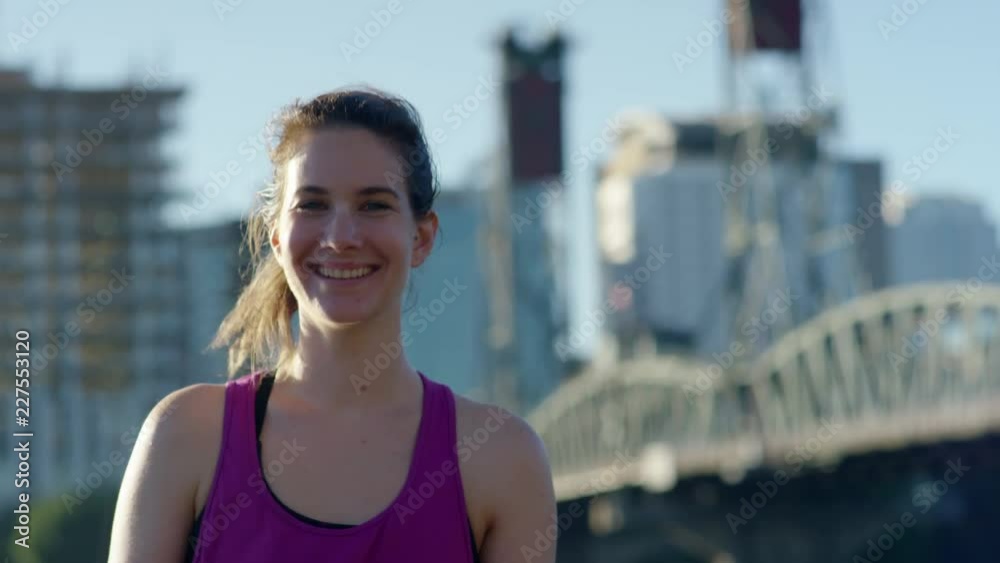 Portrait Of Fit Woman, She Waves To Camera, And Then Holds Up A Peace Sign, Slow Motion Portrait Of Fit Woman, She Waves To Camera, And Then Holds Up A Peace Sign, Slow Motion