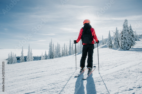 Back view of skier looking out across the valley.
