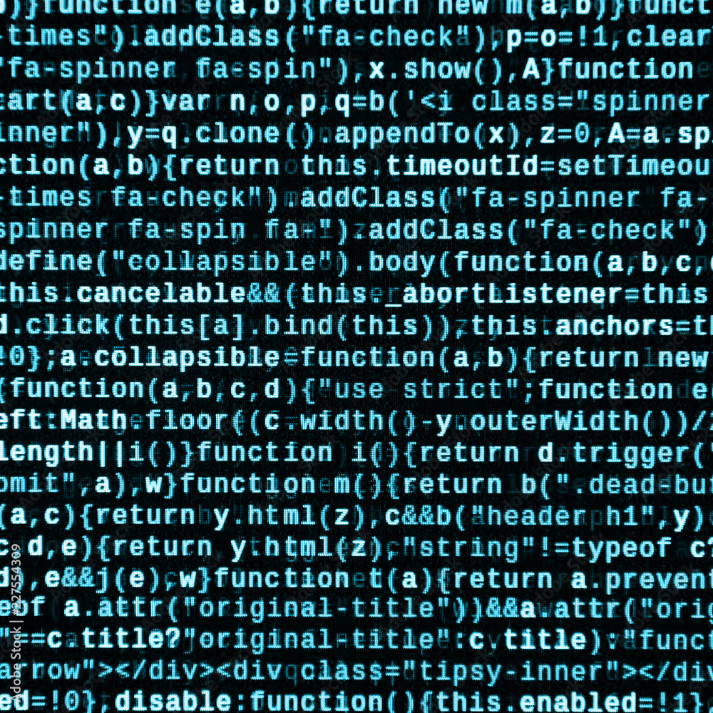 JavaScript code in text editor. Coding cyberspace concept. Screen of ...