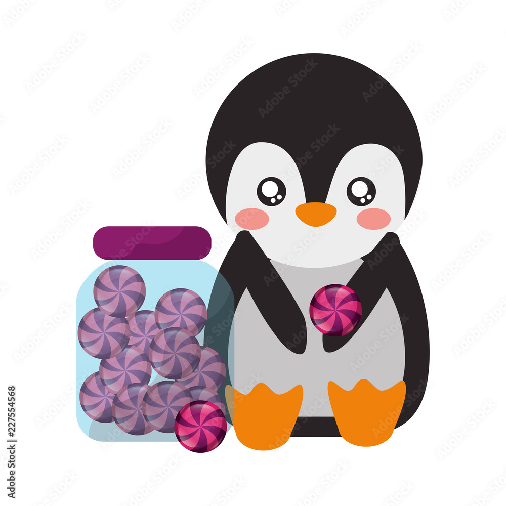 Obraz premium cute penguin and jar sweet candy