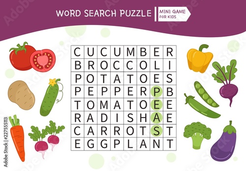 Educational game for kids. Word search puzzle with cartoon vegetables. Kids activity sheet, 