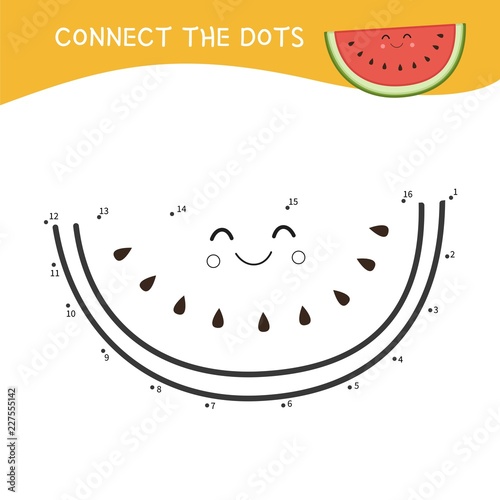 Educational game for kids. Dot to dot game for children. Cartoon watermelon. 