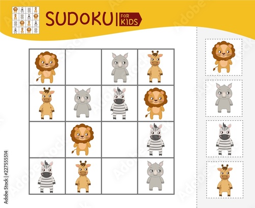 Sudoku game for children with pictures. Kids activity sheet. Vector cute African animals.